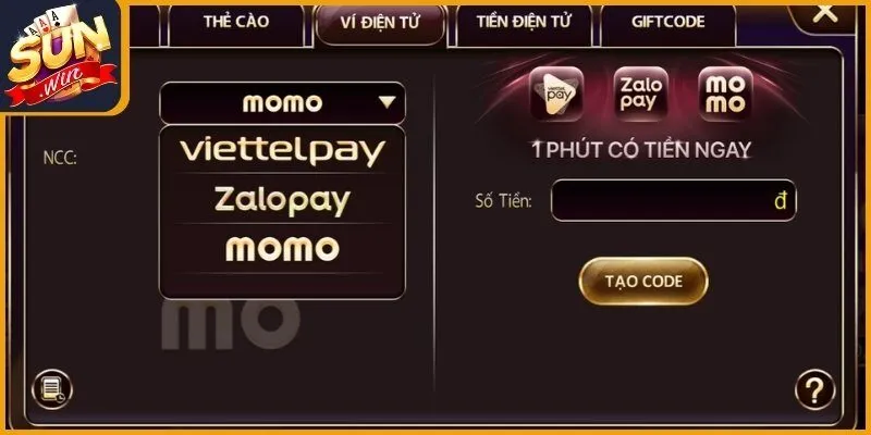Thực hiện trên ứng dụng ví điện tử Momo